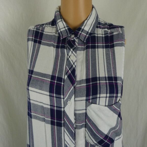 Rails Jordyn Plaid Split Tunic Tank Top Button Up Hi Low NWOT White Navy Orchid - Picture 3 of 12